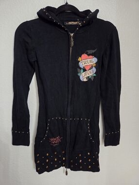 Ed Hardy Christian Audigier True Love Sweater Women's Size Xsmall Zip Up Y2K